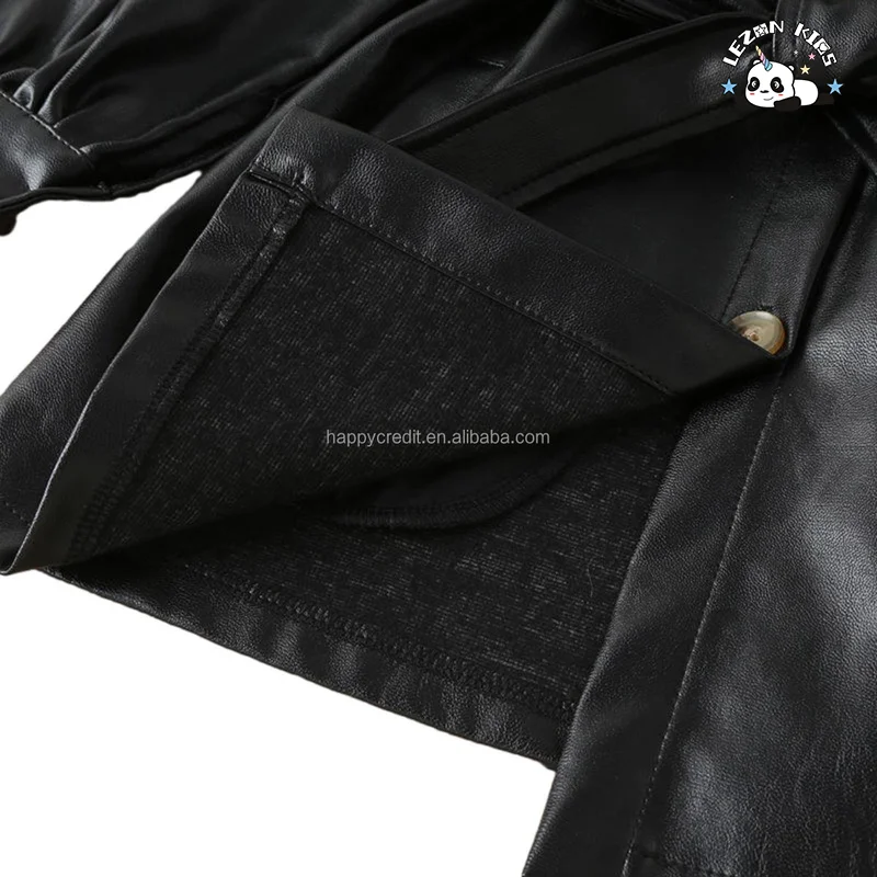 LEZONKIDS - Saia de couro PU média longa de outono e inverno para meninas, Vestido de couro preto com lapela para crianças